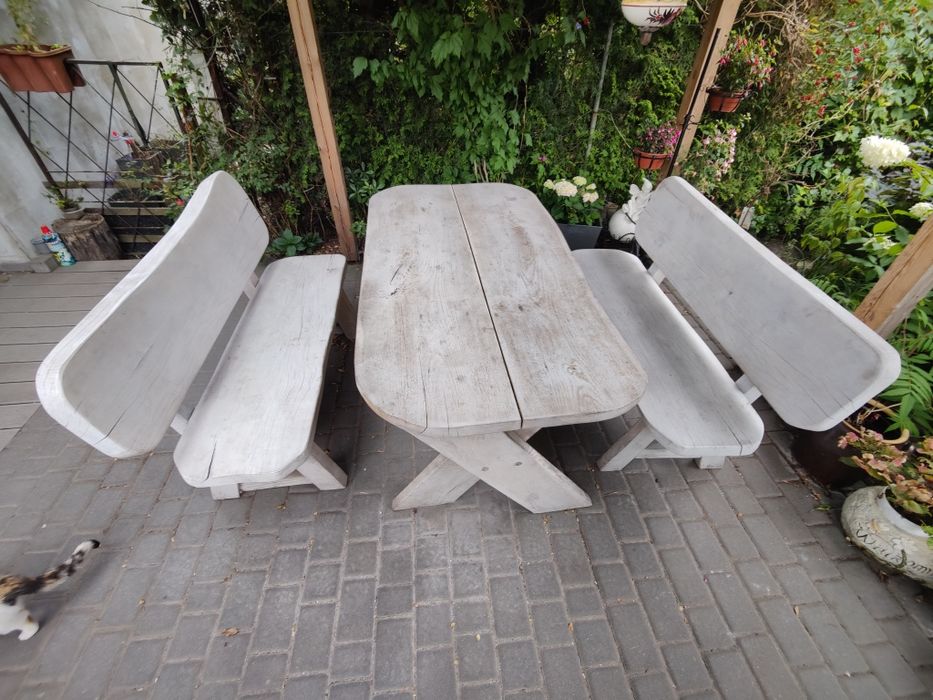 Zestaw Meble ogrodowe drewniane lite dechy Stół + Ławki/Siedziska