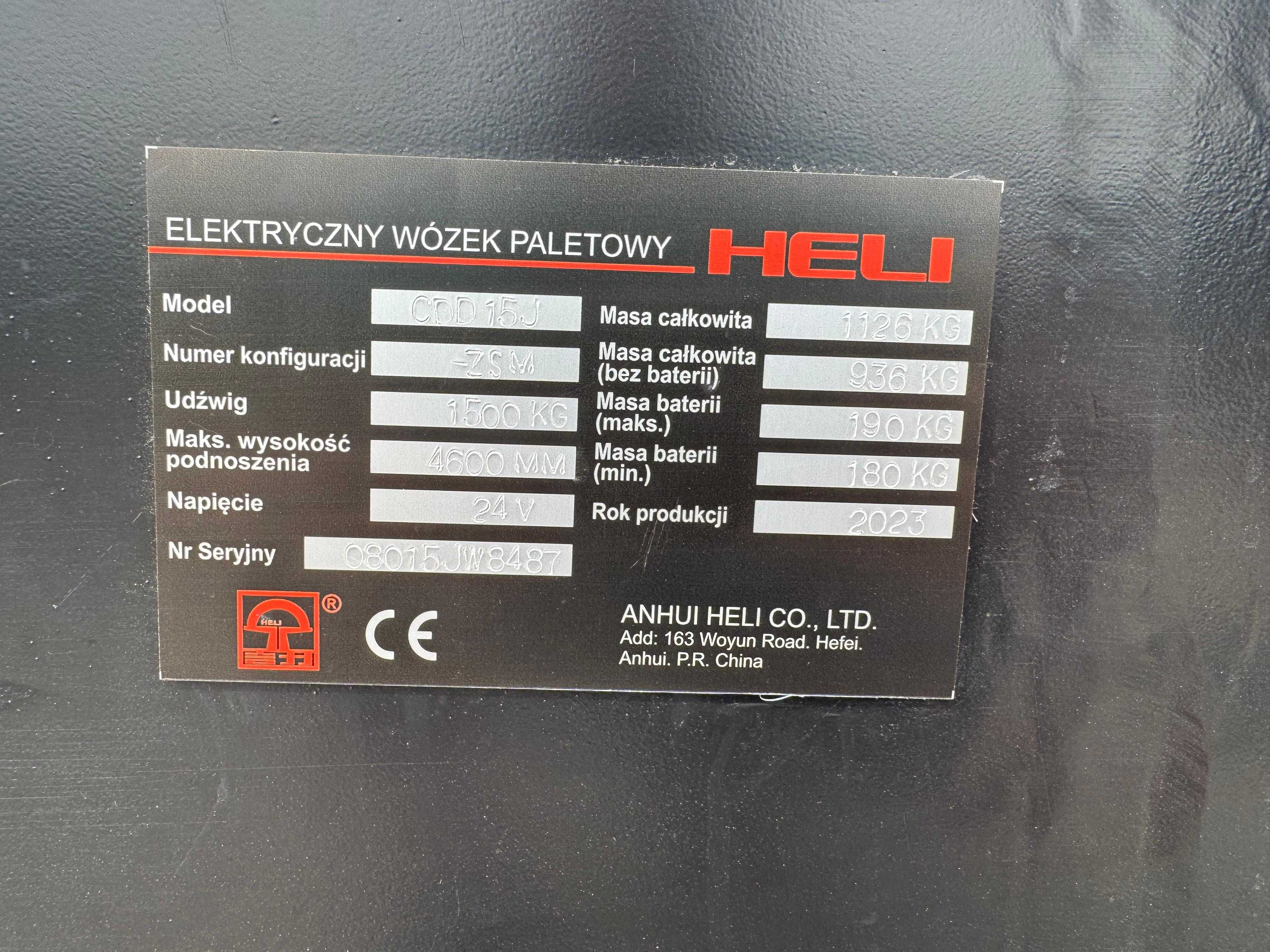 WÓZEK WIDŁOWY HELI CDD15J 1500 kg TRIPLEX 4,6 m Bateria Litowo-Jonowa