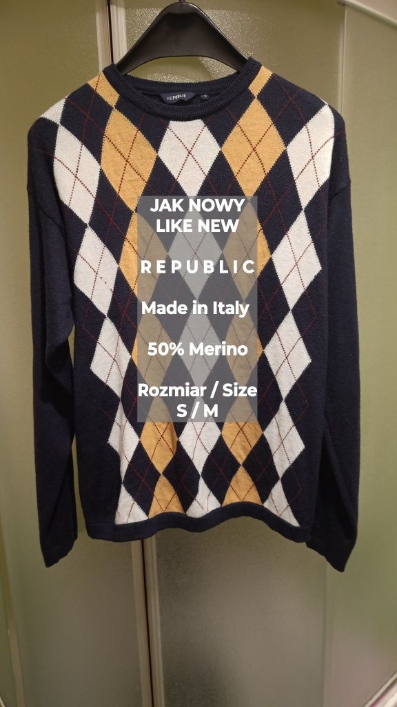 Republic  Męski włoski sweter z wełny merynosów, 50% Merino, Roz. S/M