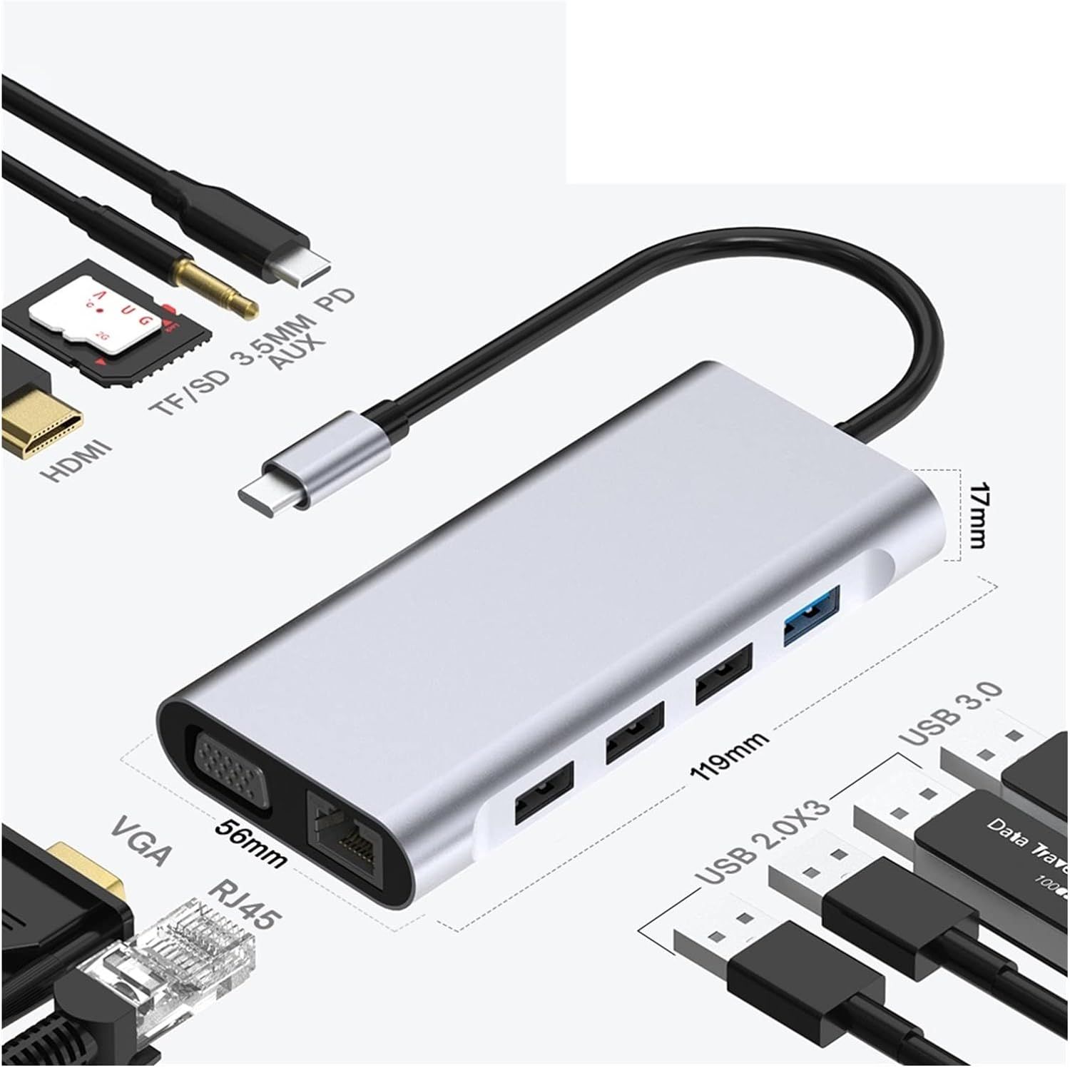 Adapter 11 w 1 USB 3.0 C HUB typu C do złącza VGA zgodnego z 4K HDMI