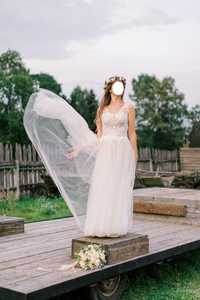 Romantyczna boho suknia ślubna beżowa podszewka tiul koronka