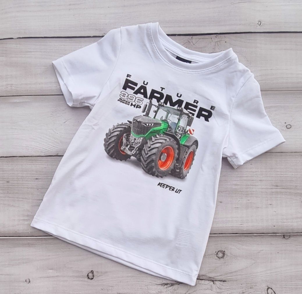 Koszulka chłopięca 92 biała, traktor, t-shirt bawelna gt
