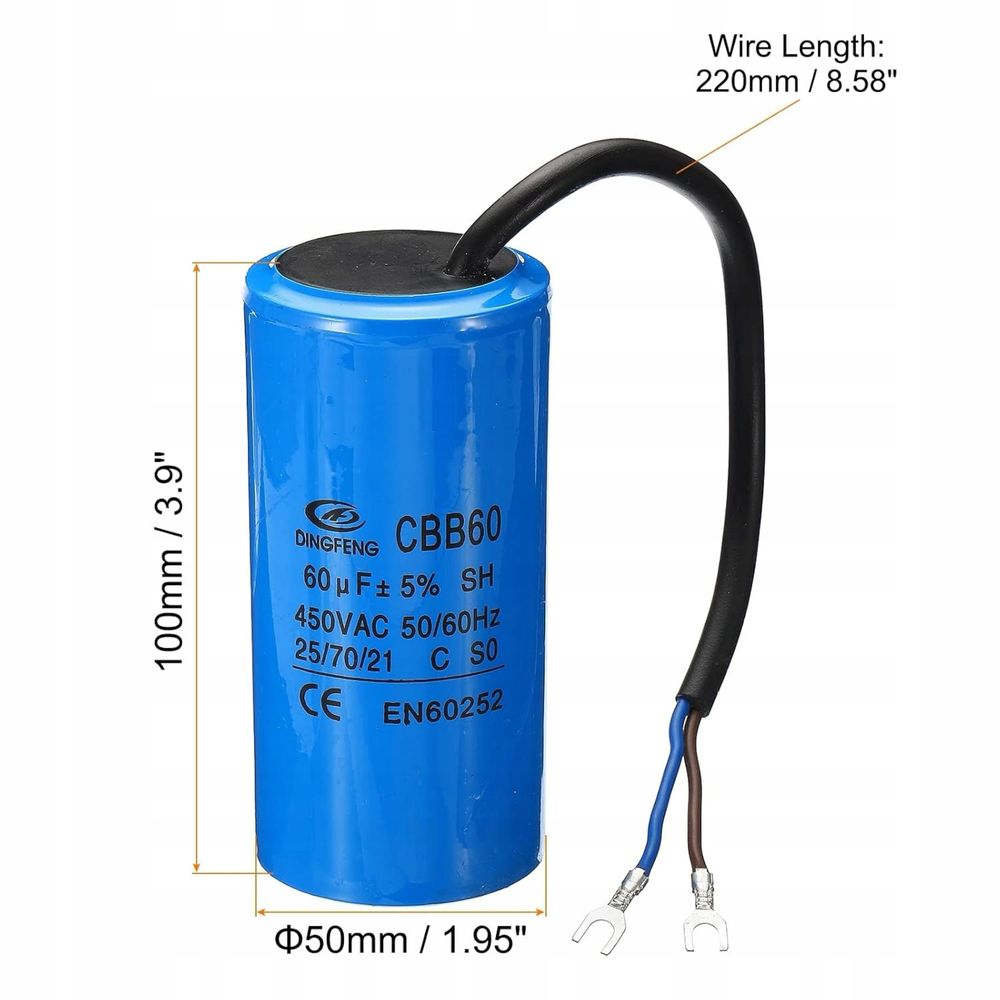 CBB60 60uF Kondensator roboczy AC 450V 2 przewody 50/60Hz Cylinder