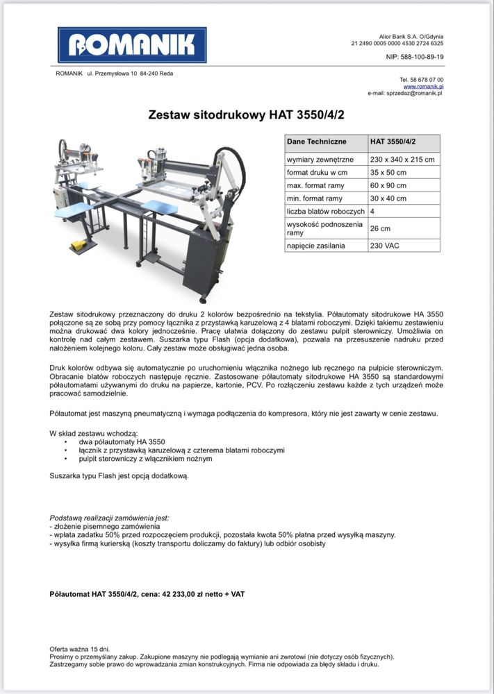 Półautomat sitodrukowy HAT 3550/4/2 bardzo dobry stan