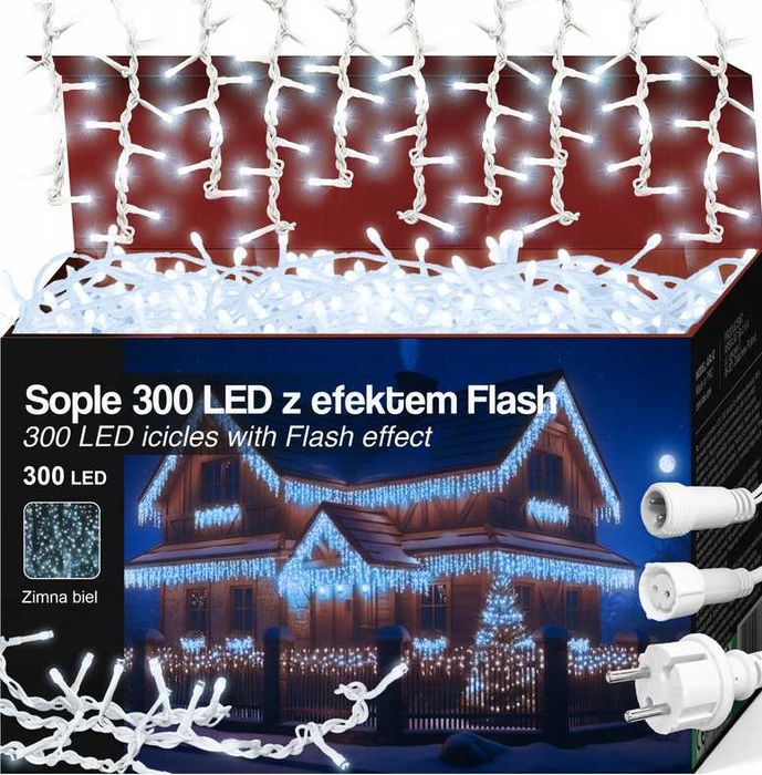 Kurtyna świetlna girlanda sople 300 LED biały zimny flash 13,5 m
