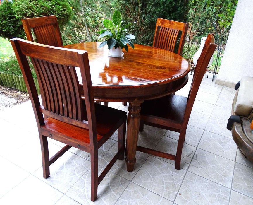 Stół drewniany indyjski - 120 cm + 4 stylowe krzesła - AlmiDecor