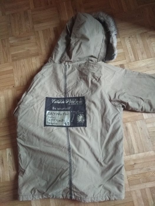 brązowa kurta zimowa z futrzakiem na kapturze - 170cm