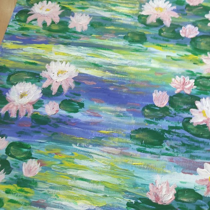 Obraz na płótnie 40 x 50cm, ręcznie malowany lilje wodne, kwiaty ma wo