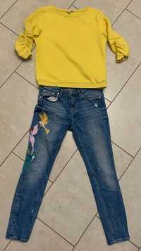 Zara spodnie damskie jeans L hafty, extra stan +  bluza Tom Tailor
