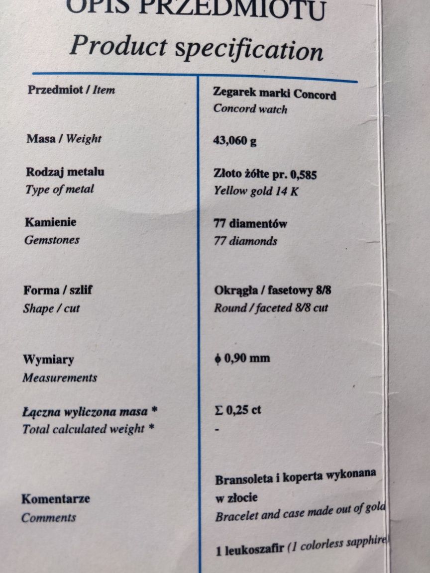 Damski złoty zegarek z diamentami Concord - certyfikat.