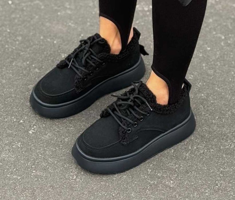 Зимние женские кроссовки замшевые с мехом натуральная замша черные