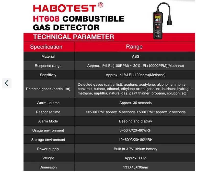 Detektor wycieku gazów z alarmem Habotest HT 608 tester gazu