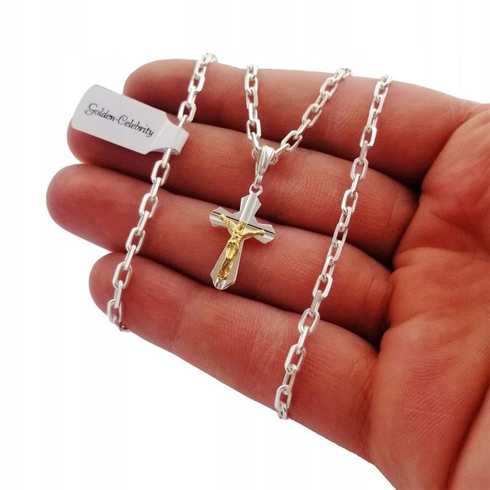 Srebrny Męski Łańcuszek Ankier + Zawieszka Krzyżyk 925 Prezent Bierzmo