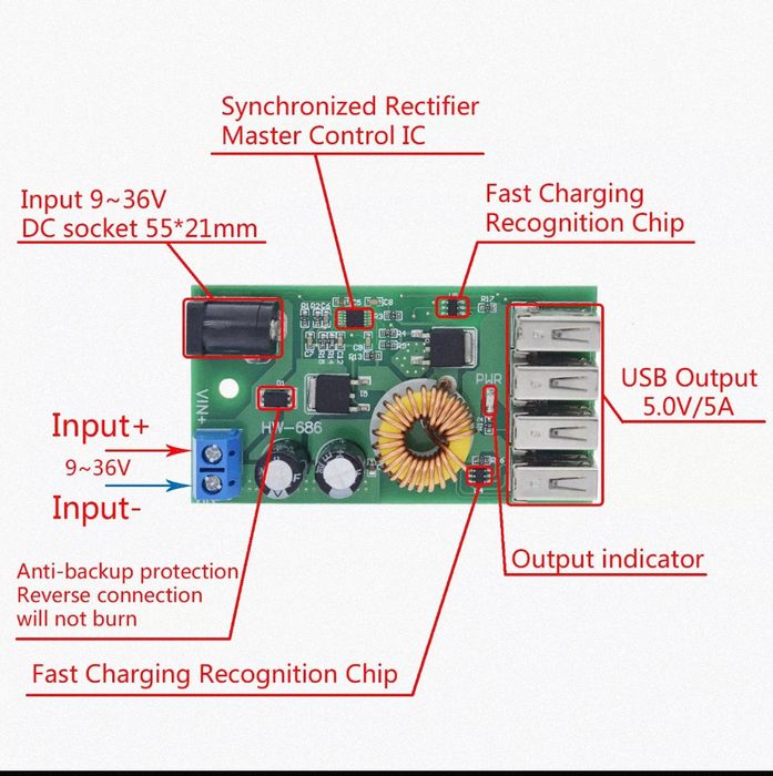 USB зарядка від акамулятора DC-DC понижуючий конвертор