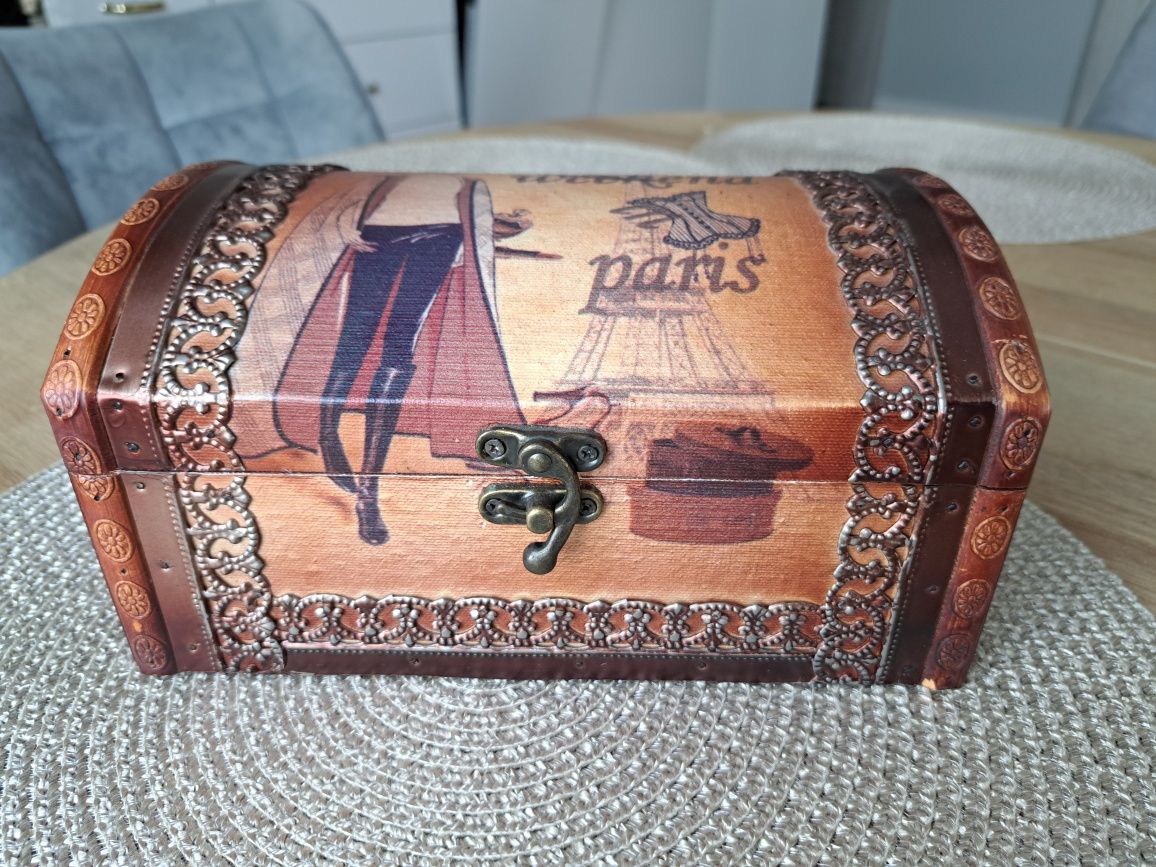 Kuferek MDF decoupage paryż brązowy skrzynka pojemnik kontener