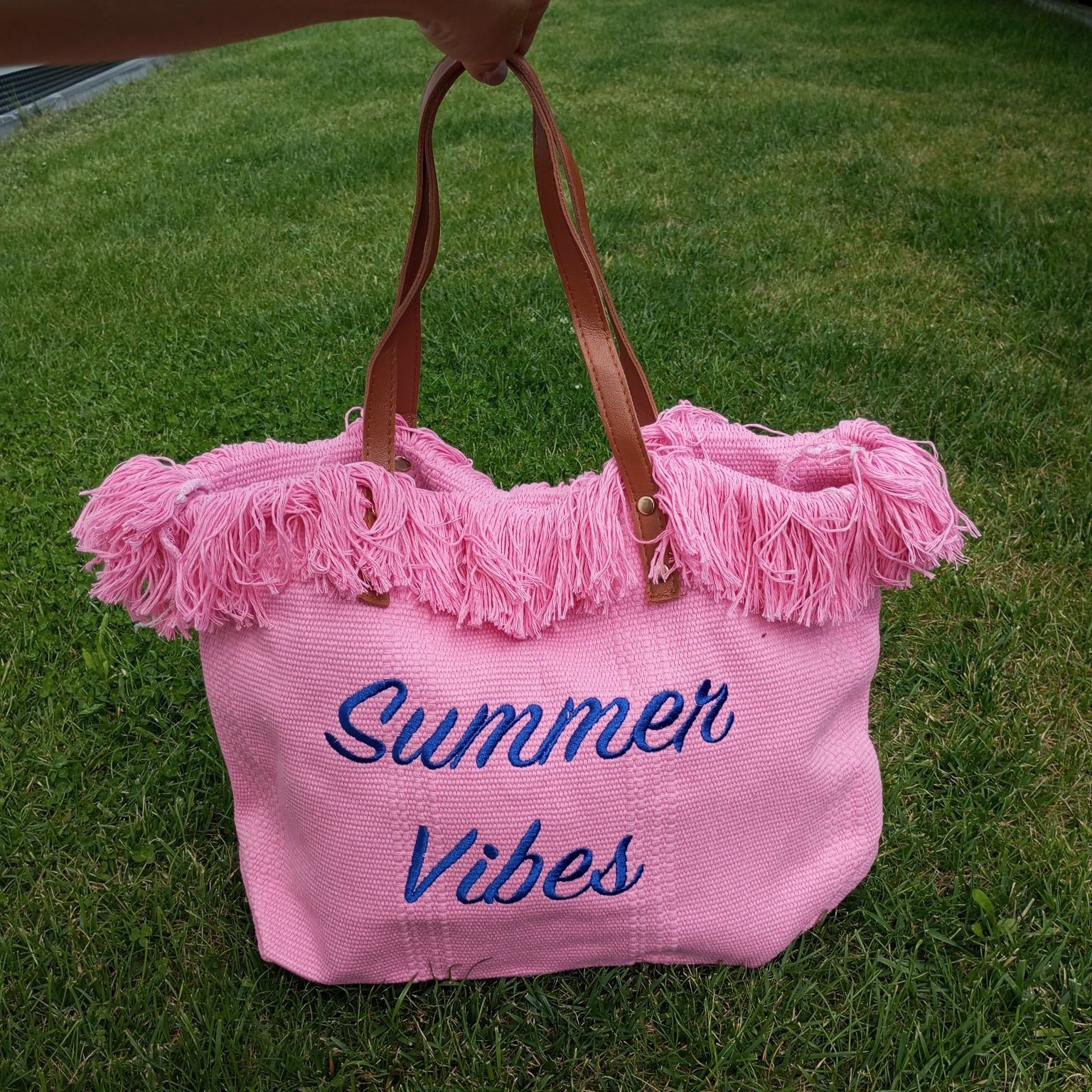 Torba plażowa BOHO z frędzlami różowa z haftem Summer Vibes NOWA