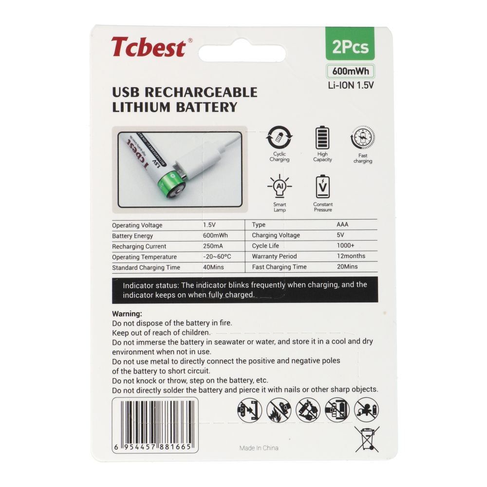 TCBEST bateria akumulatorowa R3 (AAA) 180 mAh z gniazdem Typ C