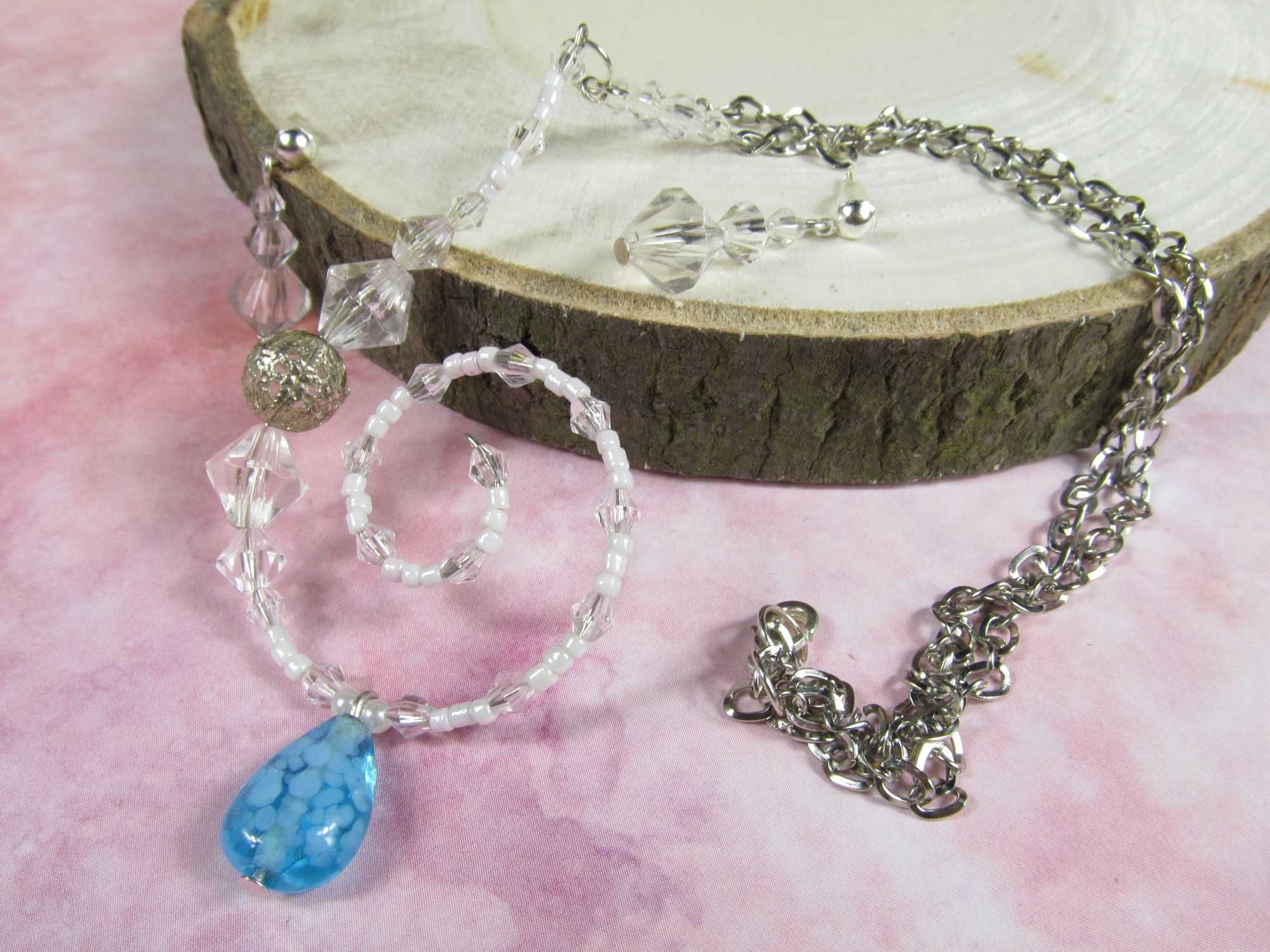 Naszyjnik kolczyki zestaw perłowy niebieski srebrny zawijas handmade