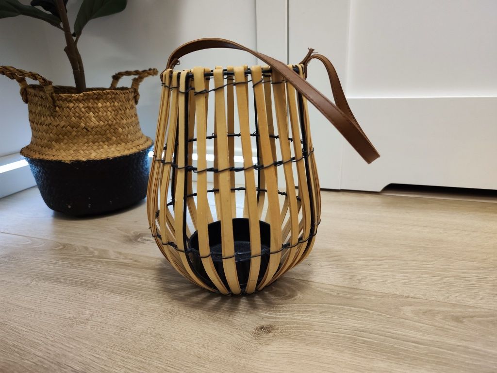 Lampion Boho latarenka świecznik drewno bambus balkon taras