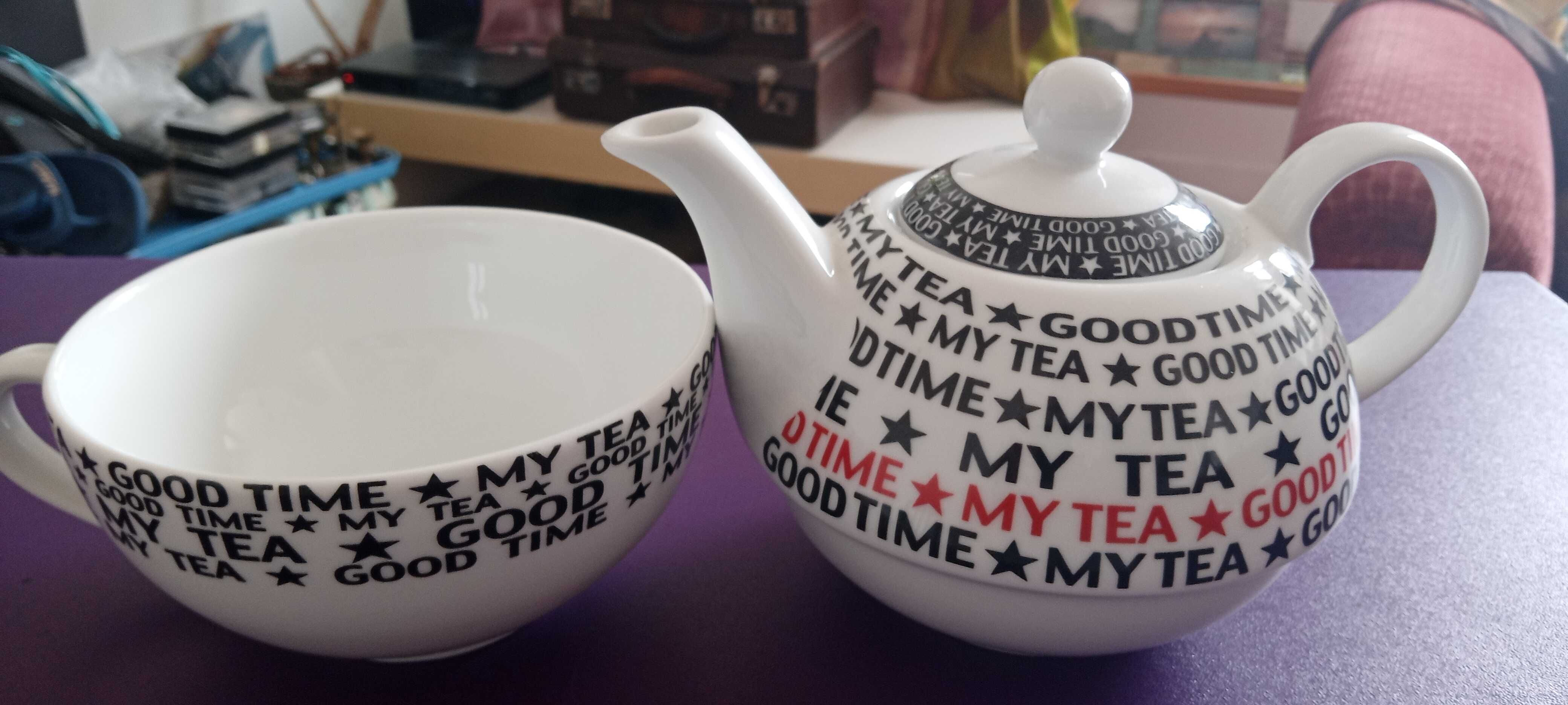 Bule de Louça, Novo, com Chávena My Tea/Good Time (microondas)