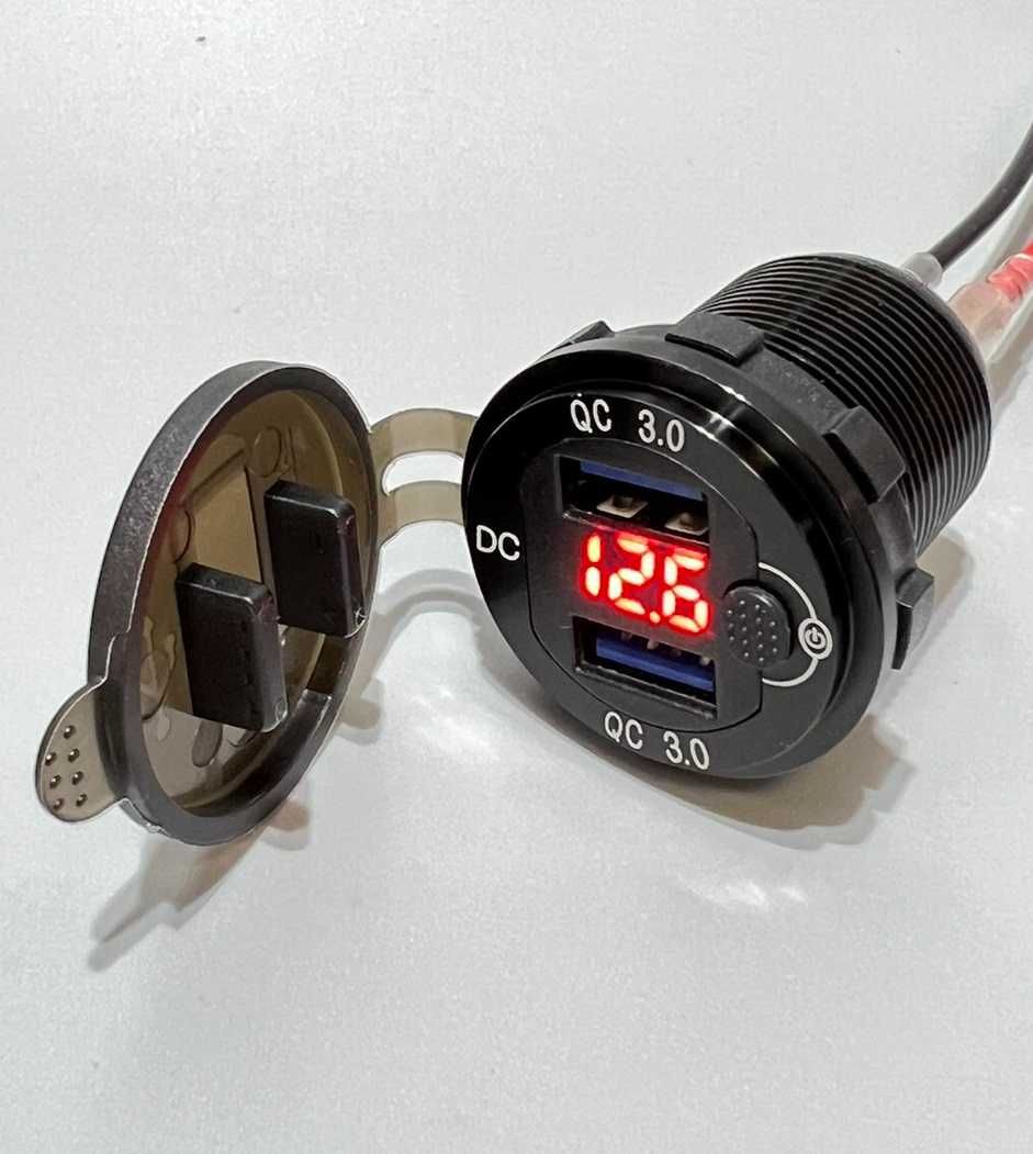 Быстрая зарядка USB с вольтметром QC 3.0 12В-24В металлическая врезная