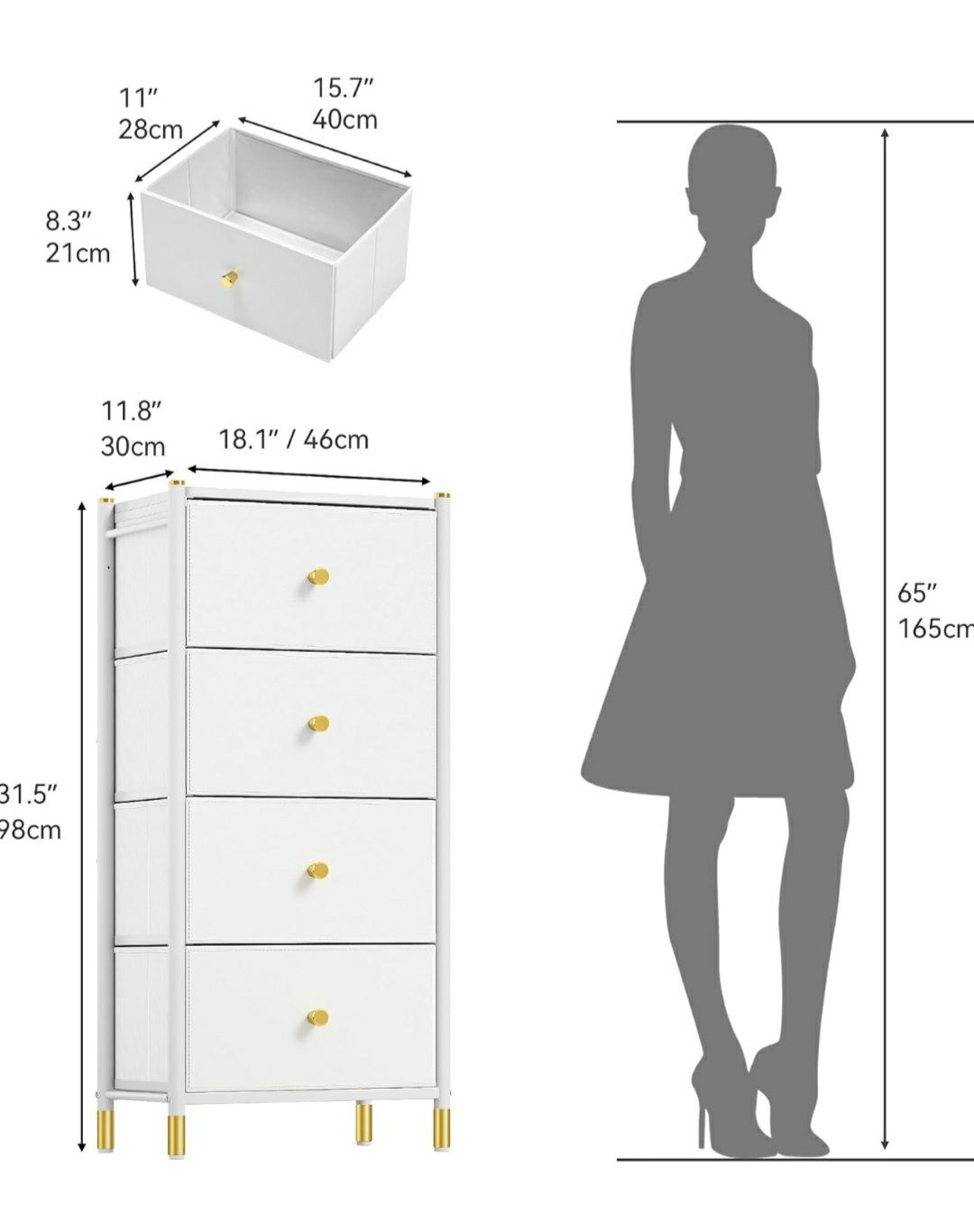 Komoda z 4 szufladami, biała z materiału