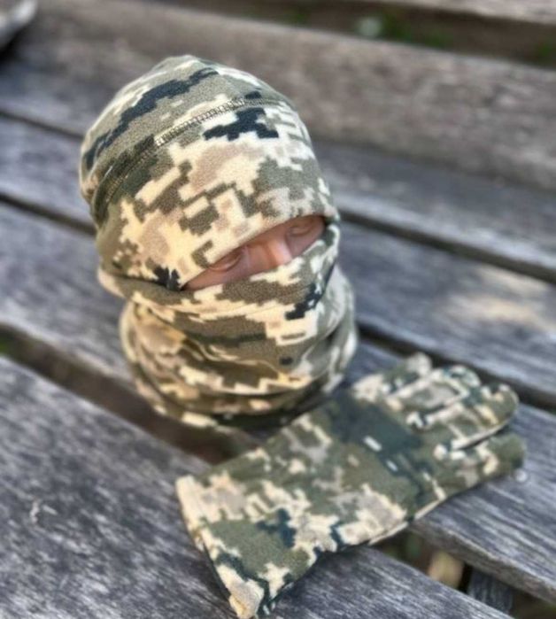 Зимовий флісовий комплект шапка + баф олива, піксель, мультикам S M L
