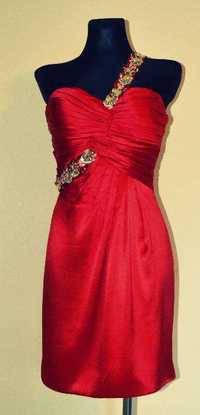 sukienka na wesele ołówkowa, czerwona na jedno ramię, cyrkonie, rozm.