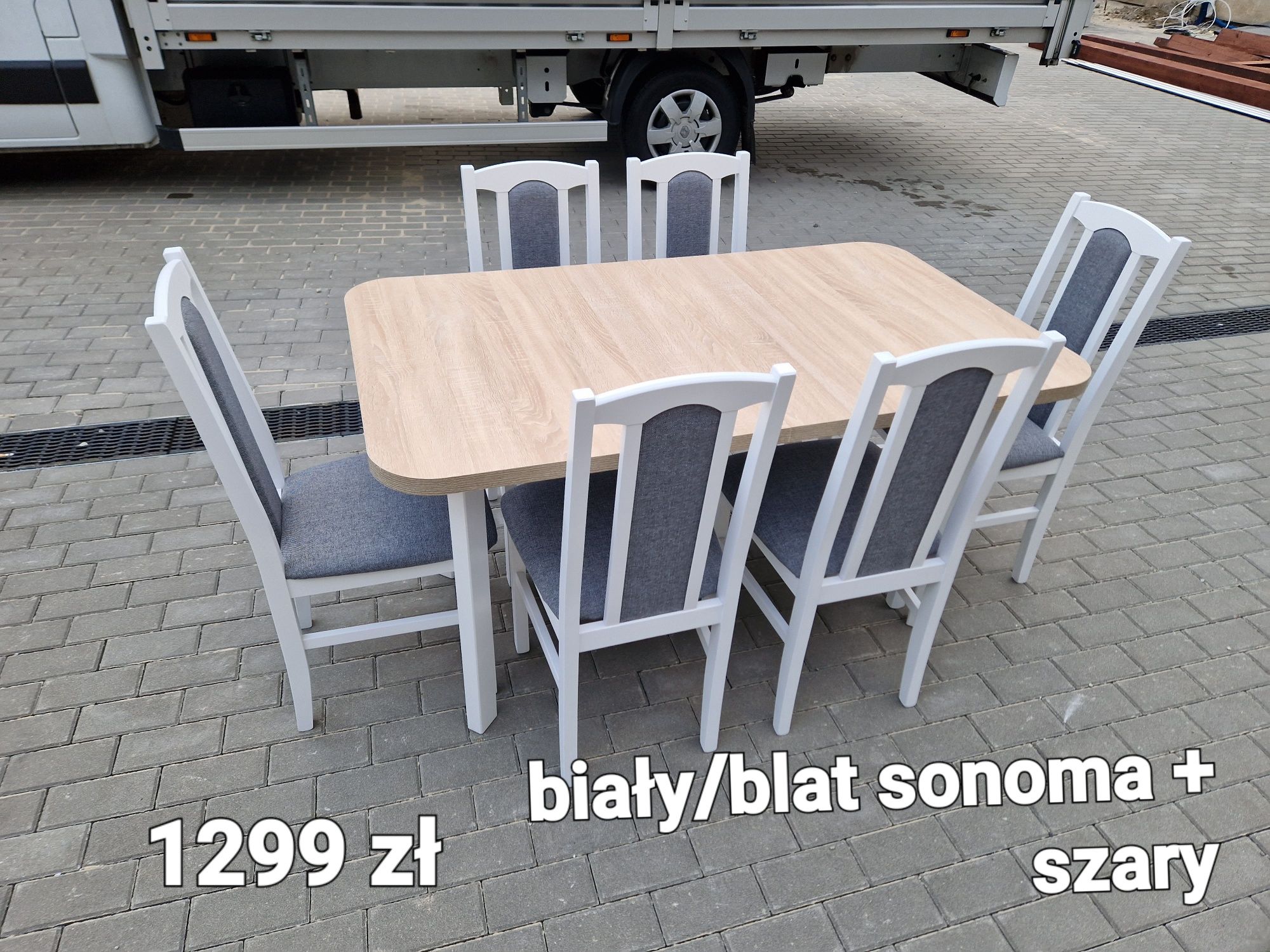 Stół 80x140/180 + 6 krzeseł, biały/sonoma + szary ,dostawa cała POLSKA