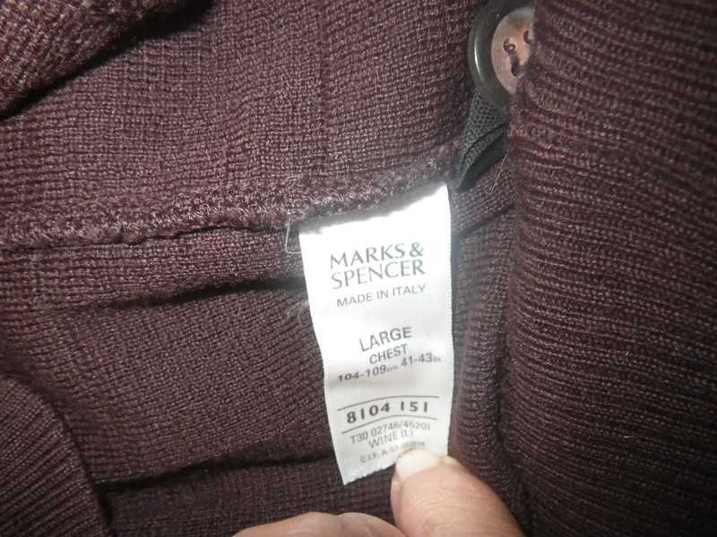 Marks&Spencer włoski kardigan męski bordo 50 % włna merino r L