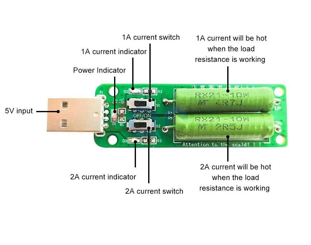 Resistencia de descarga USB para teste baterias com switch - 1A e 2A