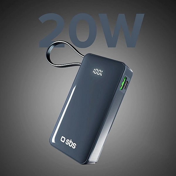 Powerbank SBS 10000 mAh 20W z wbudowanym kablem USB-C i wyświetlaczem