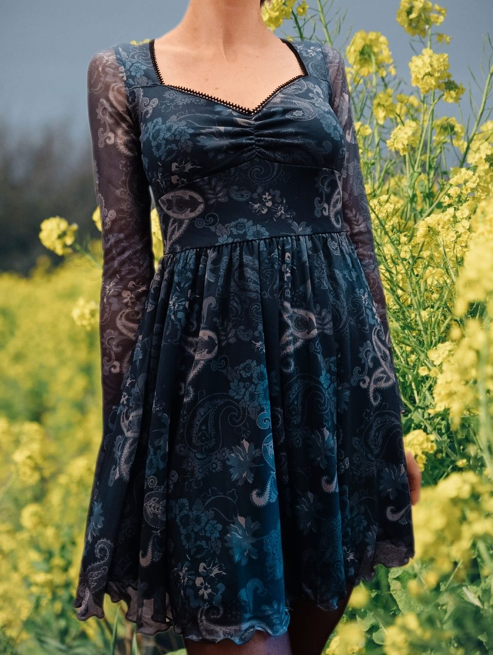 Granatowa niebieska sukienka milkmaid fairycore y2k falbanki / S 36