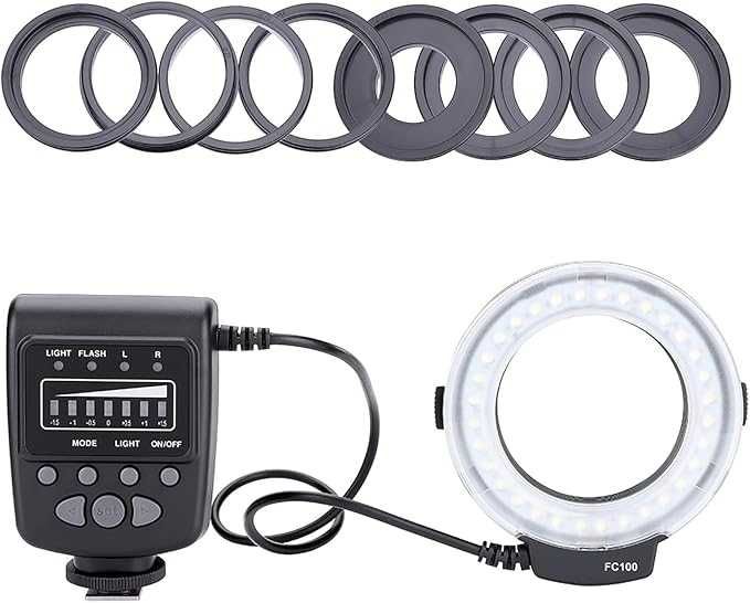 Lampa pierścieniowa F100 makro Canon Nikon adaptery, nieużywana