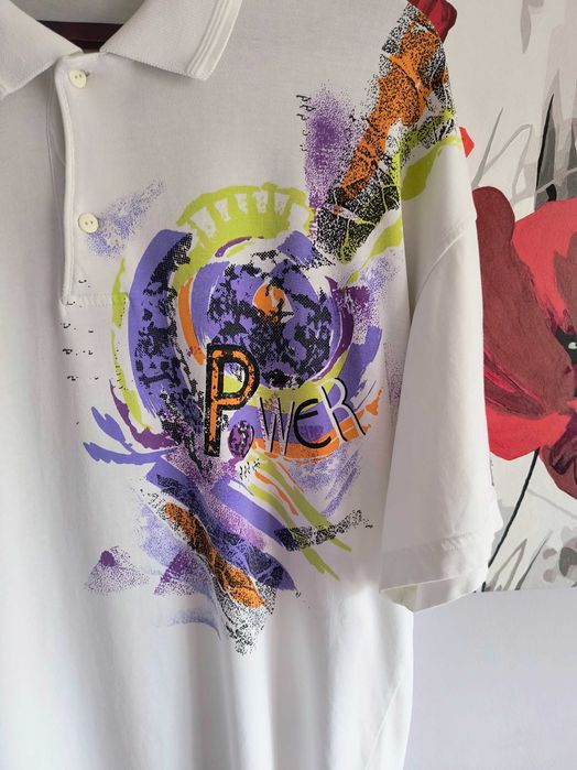 Koszulka polo męskie vintage retro 80 90 s kremowa power XL