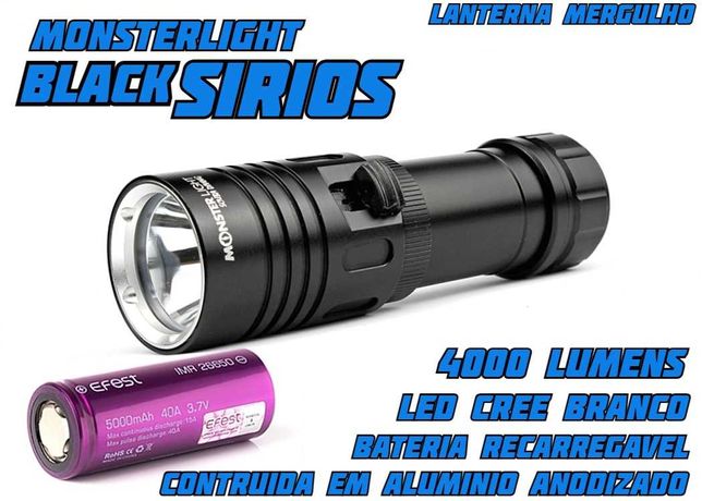 Kit lanterna mergulho MonterLight Black Sírios bateria recarregável
