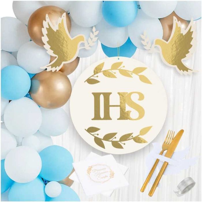 Balony na Komunię Ścianka Gołębie Napis IHS Kurtyna