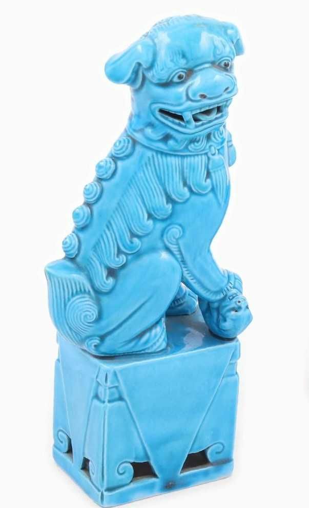 Par de cães de Foo em porcelana da China Azul Turquesa
