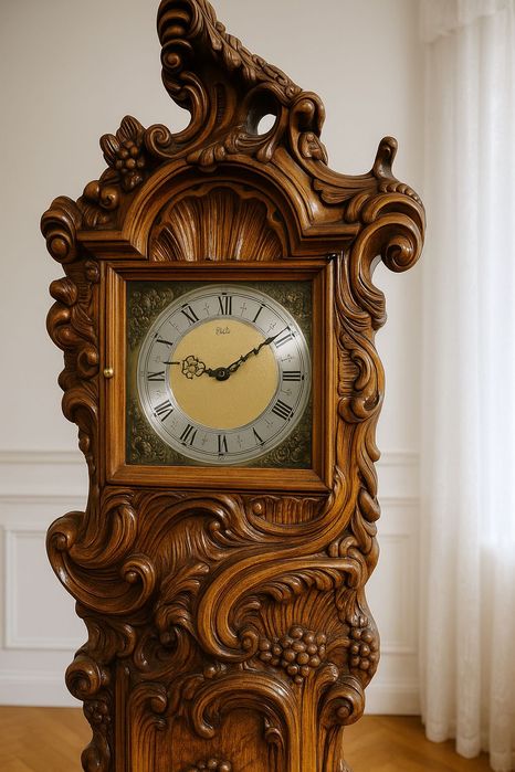 Zegar francuski neorokokowy podłogowy, kwadransowy, orzech.