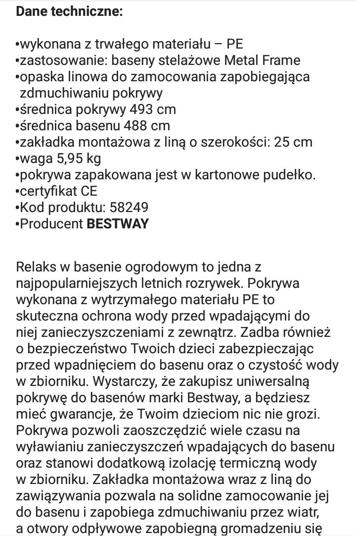 Pokrywa do basenu 488cm