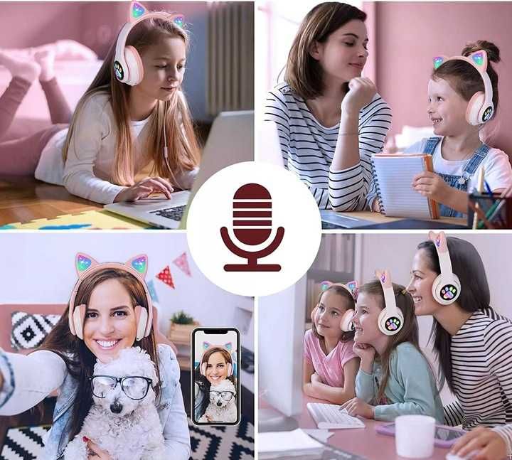 Słuchawki bezprzewodowe bluetooth kocie uszy led kolor: RÓŻOWE NOWE