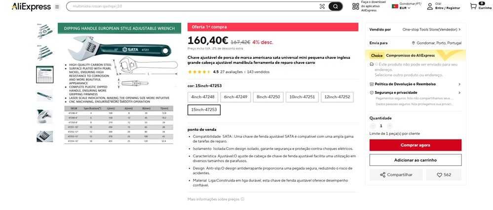Sata Chave inglesa ajustável cabo de 15" (1479)