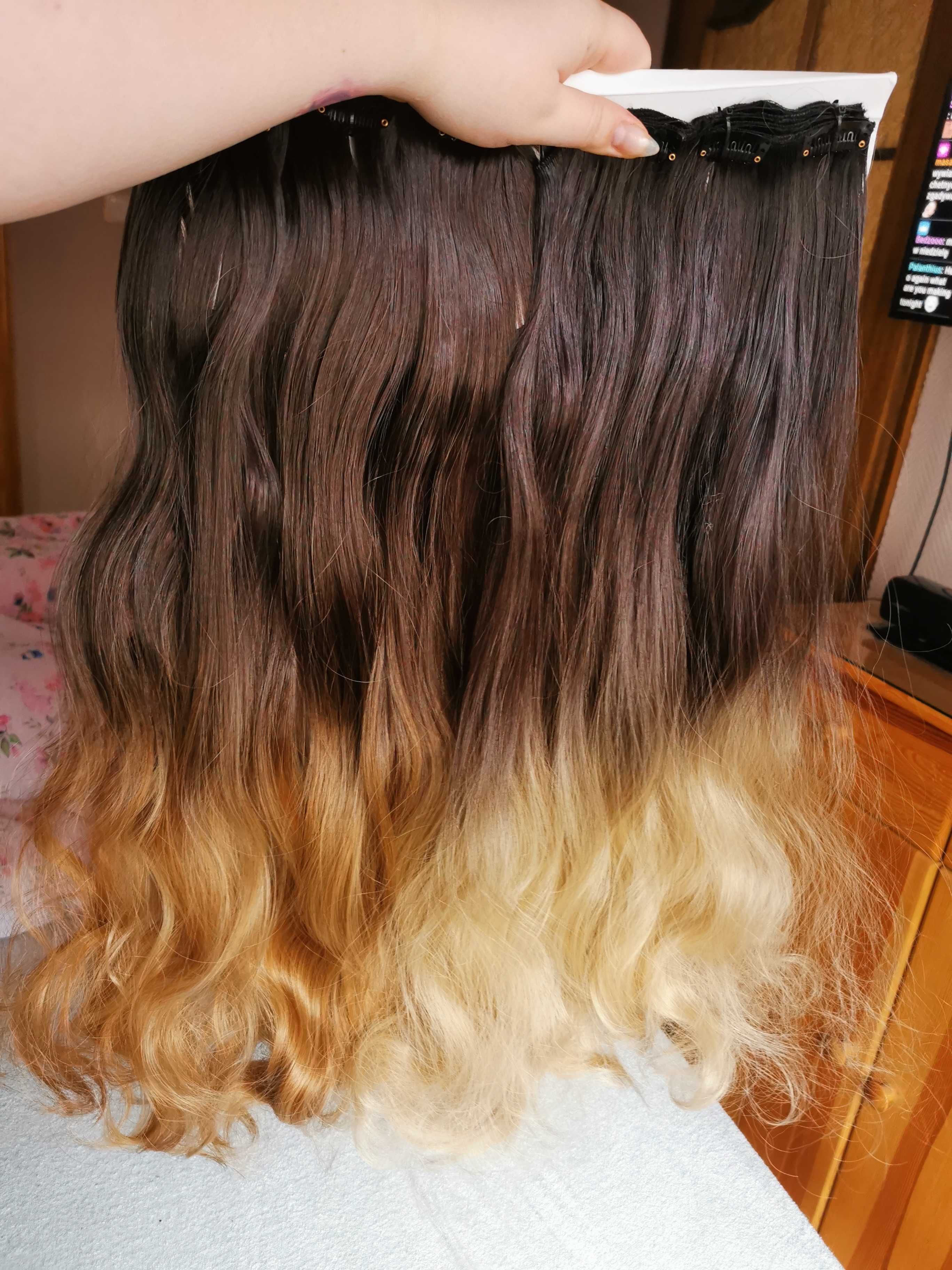 Doczepiane włosy clip in 65 cm ombre brąz blond
