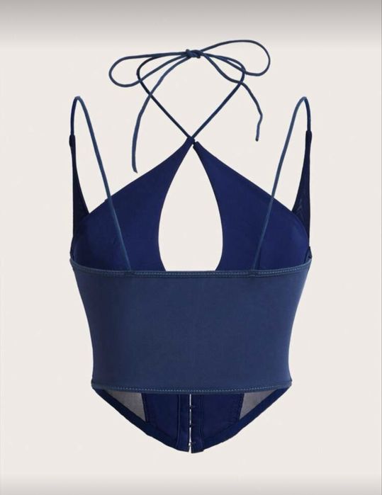 Granatowy crop top gorset wiązany na krzyz na szyji na haftki M mise B