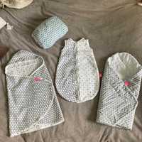 Zestaw ręcznik niemowlęcy rożek śpiworek do spania mufka Motherhood