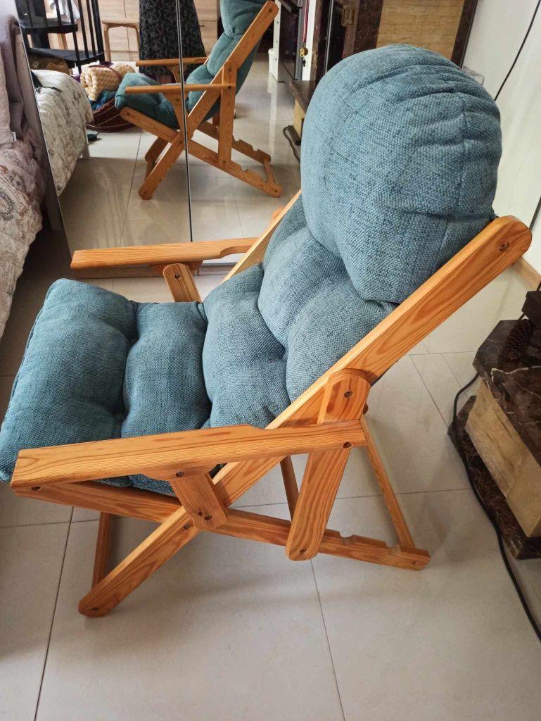 Fotel Składany Komfort Relax Regulacja Oparcia Drewniany Tapicerowany