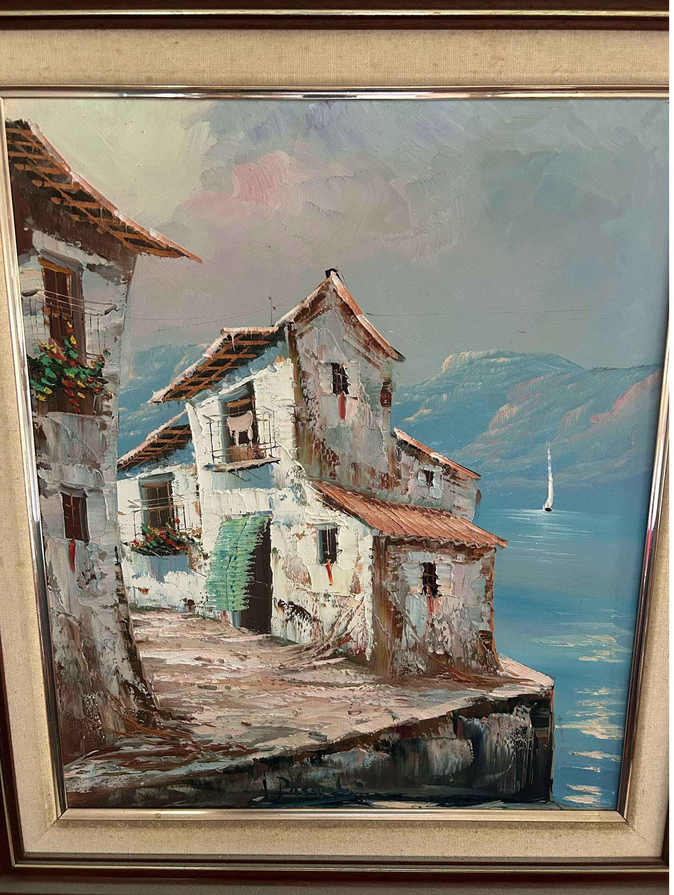 Conjunto de três pinturas a óleo, com molduras douradas .