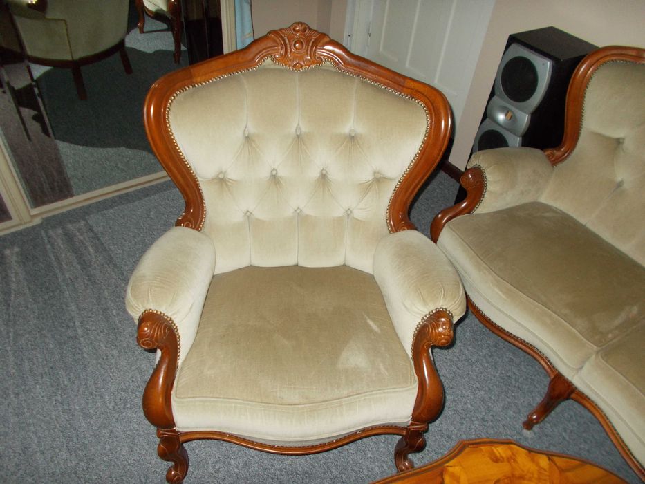 komplet wypoczynkowy ludwik 3 i 2 fotele ława intarsjowana