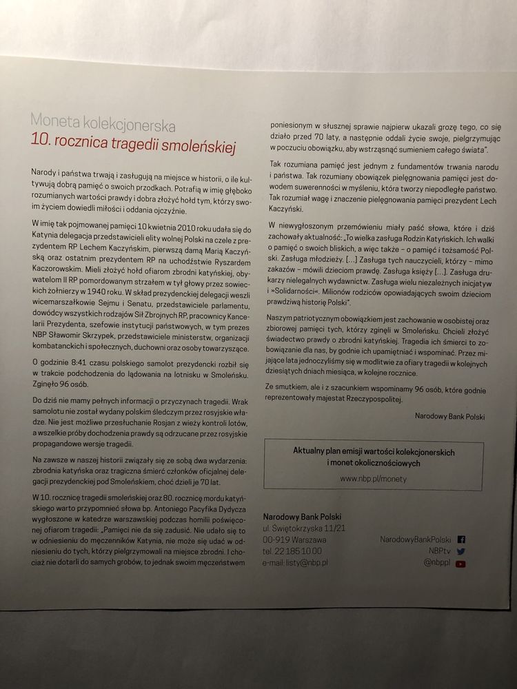 Folder do monety kolekcjonerskiej 10. rocznica tragedii smoleńskiej