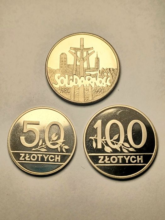 Zestaw 3 monet lustrzanek 50 zł. 100. zł. 10000 zł. Mennicze. Piękne.